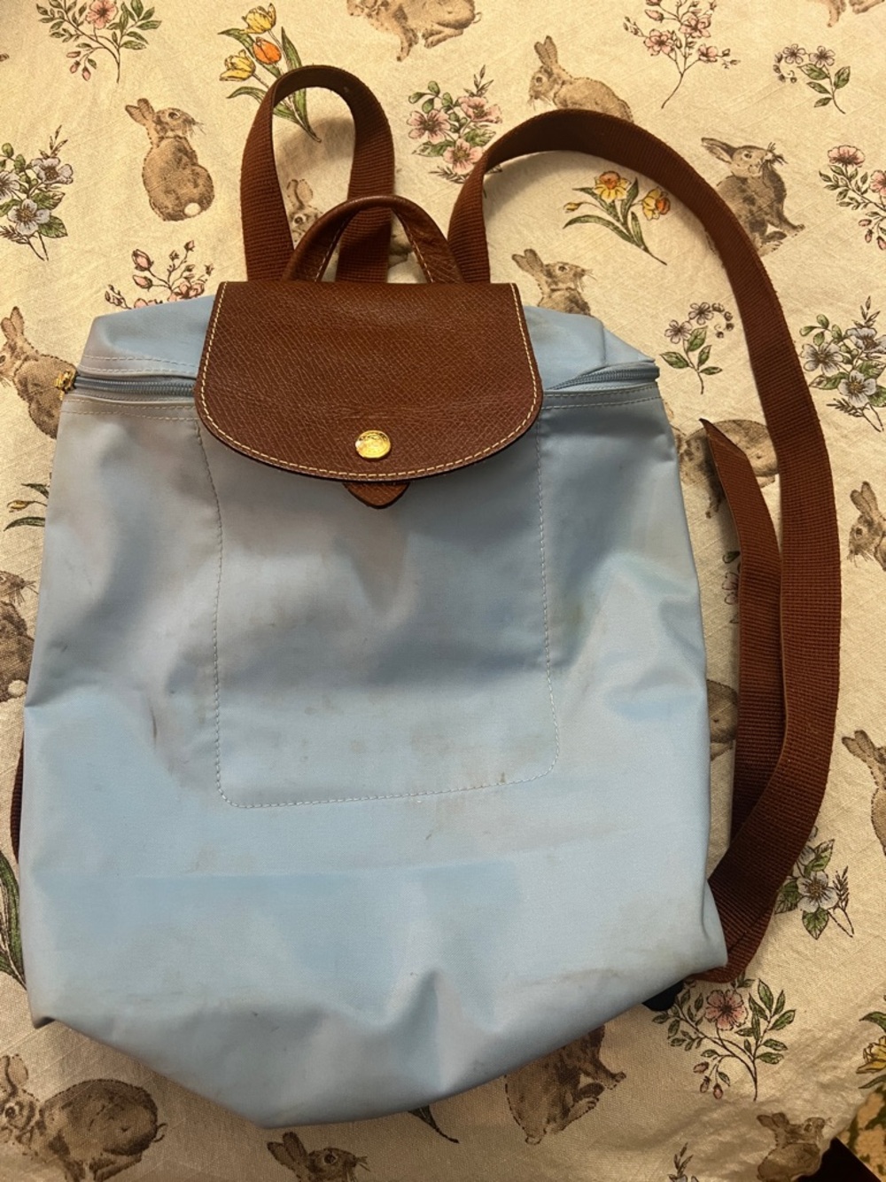 LongChamp 12” light Blue and Brown leather Women's Backpack used